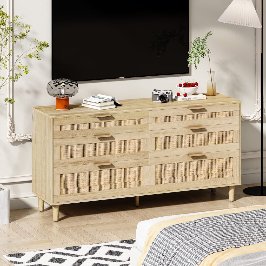 Rattan Accent Cabinet with Smooth Rails, 6 Drawer Dresser Cabinet, Wooden Clothes Storage Cabinet TV Stand