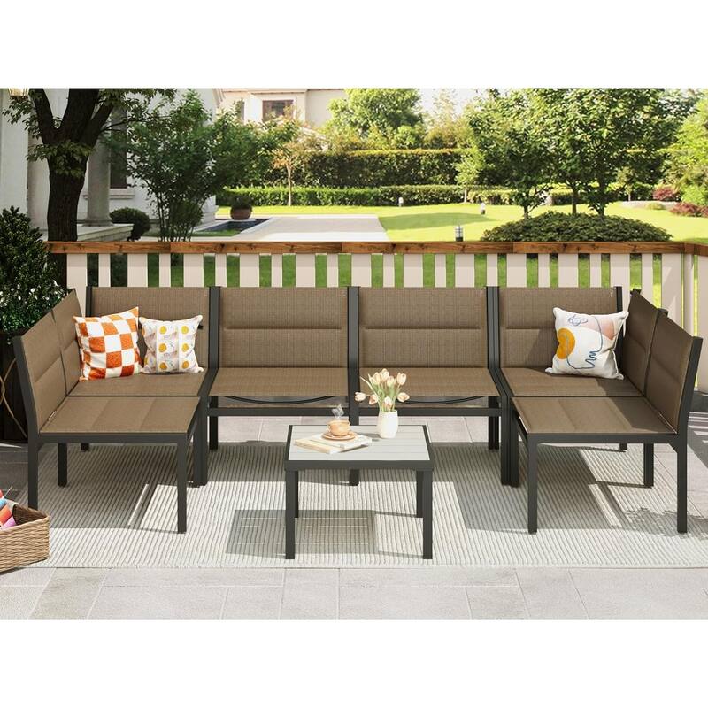 AECOJOY 7 Pieces Cotton-Filled Textilene Fabric Outdoor Conversation Sets with Coffee Table, Patio Sectional Furniture Set