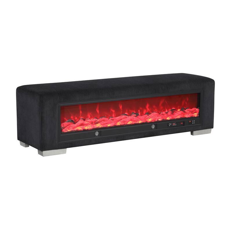Furniture of America Goffney Chenille Bench with Fireplace Simulator and Bluetooth Audio