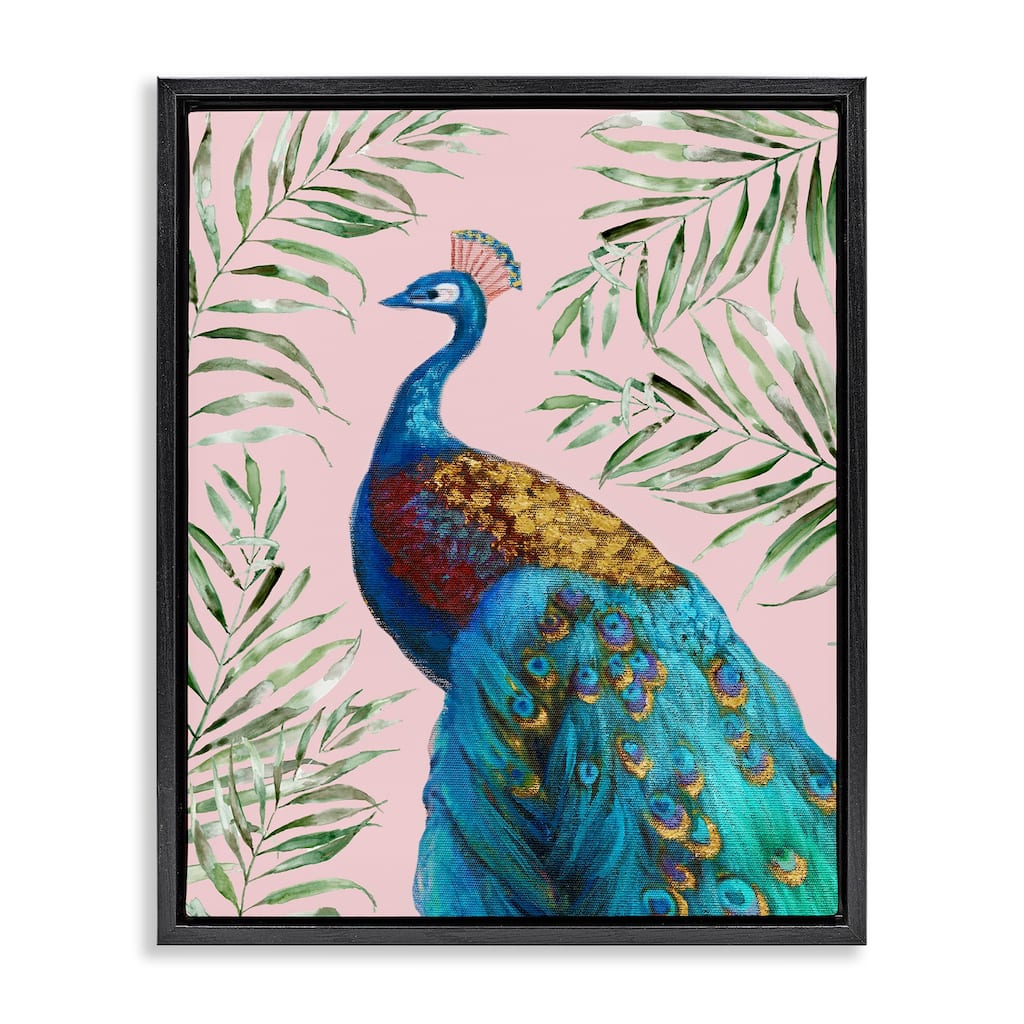 Stupell Elegant Peacock & Palm Sprigs Framed Floater Canvas Wall Art Design By Nan