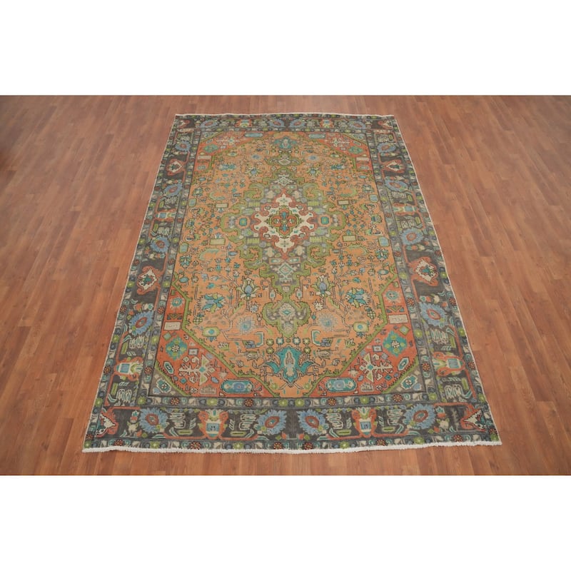 Hand Knotted Oriental 100% Wool Carpet Traditional Medallion Oranges & Rust Tabriz Area Rug - 9' 9'' X 6' 7''