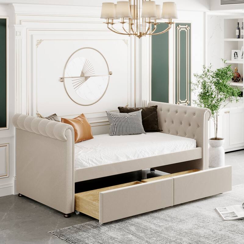 Twin Size Upholstered Daybed with Drawers, Wood Slat Support, and Elegant Design - Beige - Twin