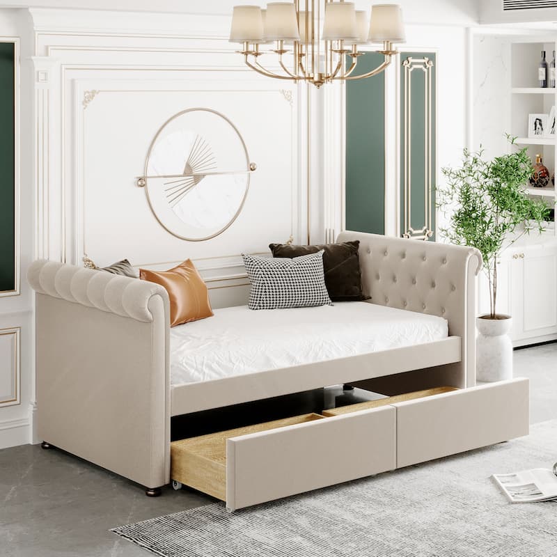 Upholstered Daybed with Drawers, Wood Slat Support - Beige