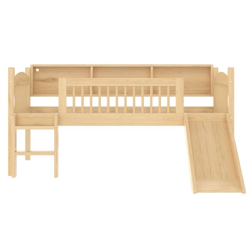 Twin Loft Bed with Storage Shelves, Solid Wood Lower Loft Bed with LED Lights and Full-length Guardrails