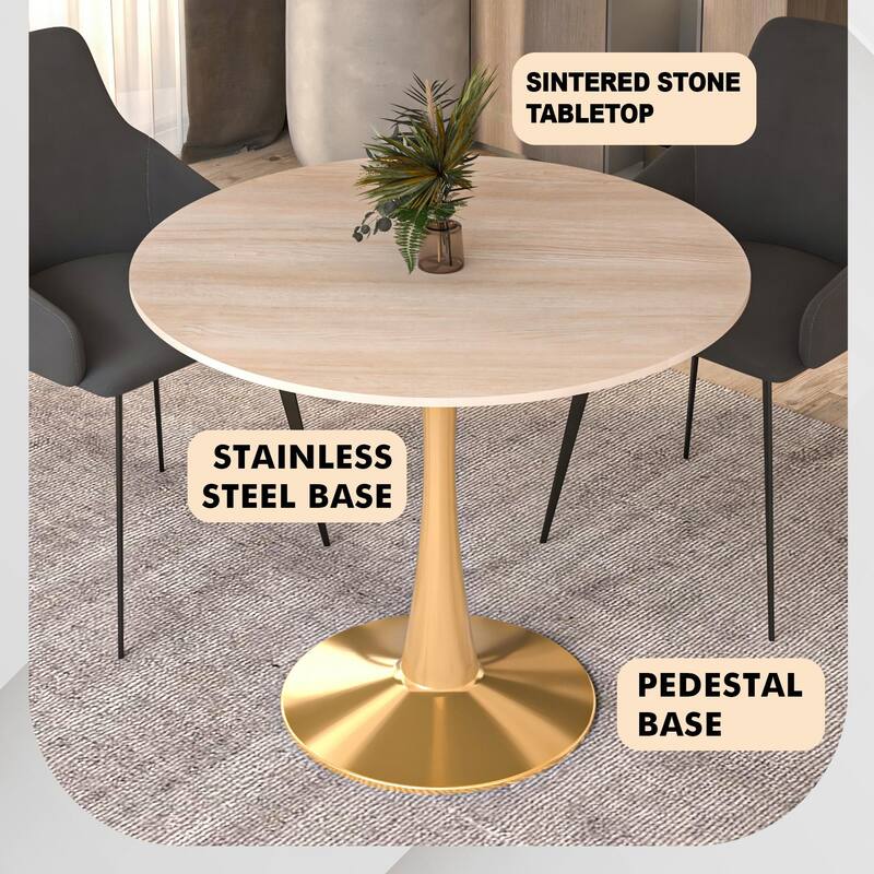 Bristol Round Dining Table 35 in. Sintered Stone Tabletop & Brushed Gold Stainless Steel Pedestal Base
