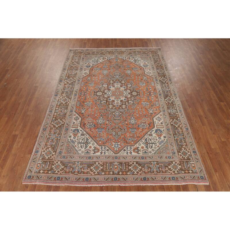 Geometric Tabriz Area Rug Orange Handmade Wool Carpet - 6'5"x 9'5"