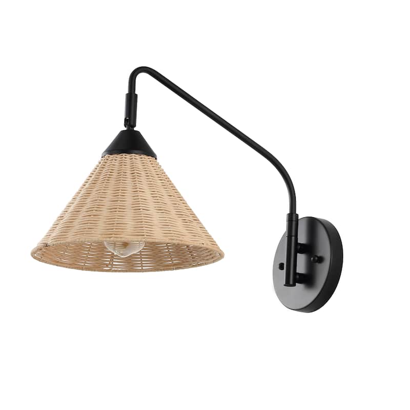 Lily 11" 1-Light Vintage Coastal Rattan/Metal Swing Arm LED Sconce, Black/Natural, by JONATHAN Y