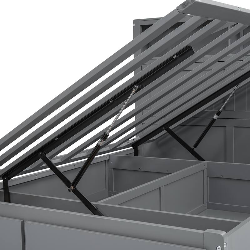 Queen Size Hydraulic Platform Bed with Storage, LED Headboard, Charging Station, and Drawers, Gray