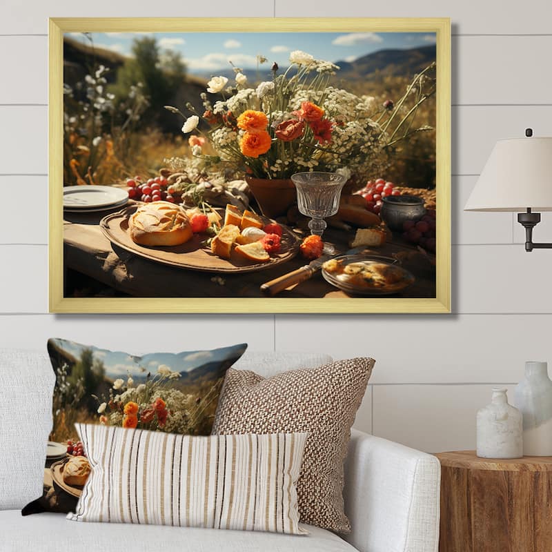 Designart "Rustic Banquet In France II" Meals & Picnics Framed Wall Art Living Room - 32 in. wide x 24 in. high - Gold