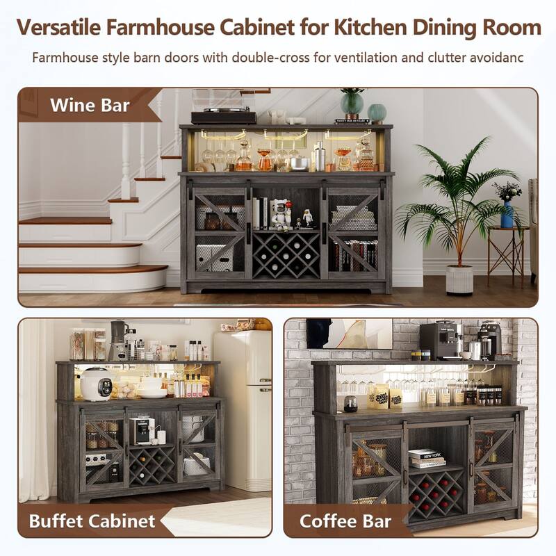 Gymojoy 16-Color LED Bar Cabinet with Wine Rack, White Kitchen Hutch for Coffee Bar & Dining Room, Farmhouse Storage Cabinet