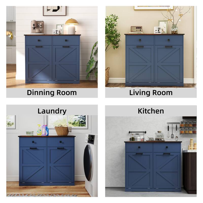 Farmhouse Double Tilt Out Trash Cabinet for Two 10 Gallon Bins, Barn Door Recycling Cabinet with Drawer Storage