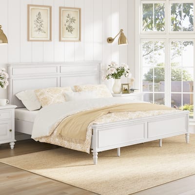 Traditional Solid Wood Frame Queen/King Size Platform Bed with Tall Headboard & Footboard