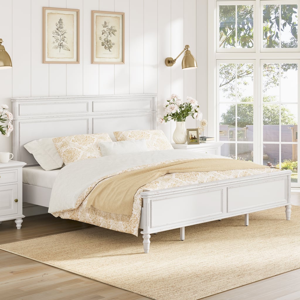 Traditional Solid Wood Frame Queen/King Size Platform Bed with Tall Headboard & Footboard