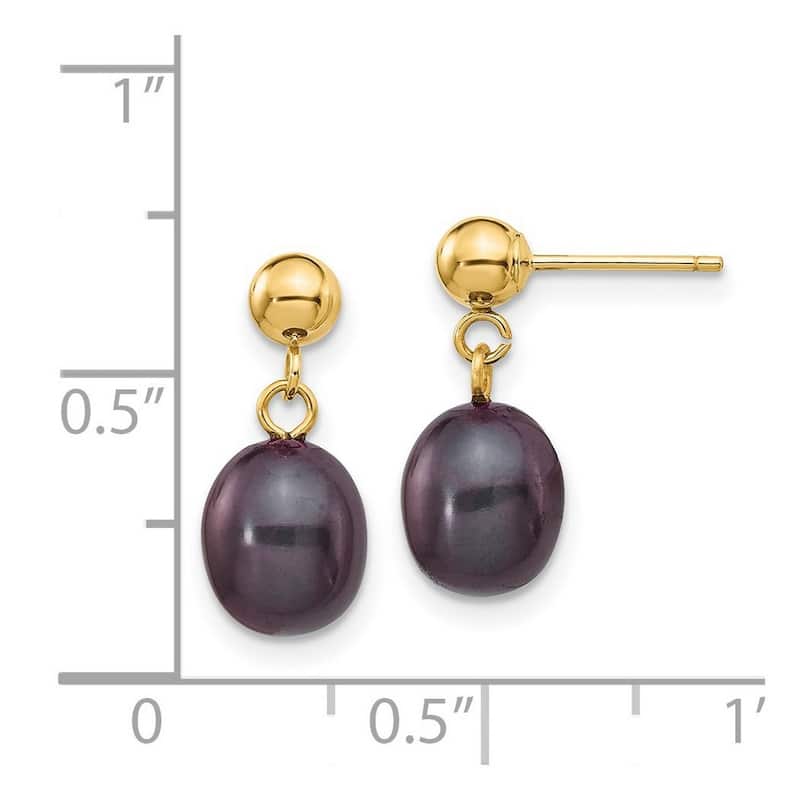 Curata 14k Yellow Gold 7-7.5mm Black Freshwater Cultured Pearl Dangle Earrings 16x7.5mm