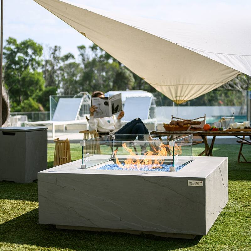 Elementi Plus Capertee Outdoor Fire Pit Table Concrete Square 60000 BTU - 40 x 40 inches with Lid, Fire Glass, and Cover
