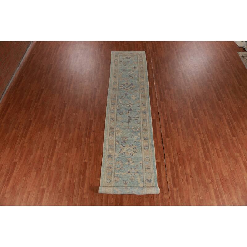 Hand Knotted Oriental 100% Wool Carpet Transitional Floral Navy Blue & Blues Oushak Runner Rug - 17' 2'' X 3' 4''