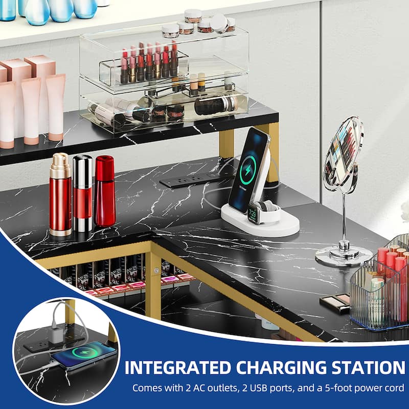 Moasis L Shape Nail Desk with Built-in Charging Station and Marbling Texture Manicure Station