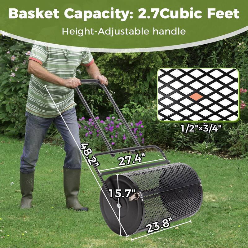 24 Inch Heavy-Duty Black Compost Spreader with Steel Basket for Lawn Garden and Topdressing - (27.8 x 15.7 x 49.2) in