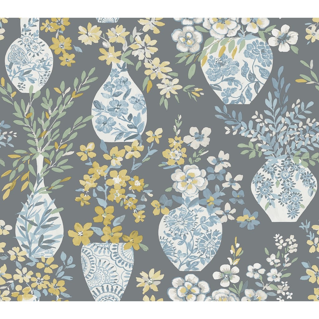 A-Street Prints Harper Grey Floral Vase Wallpaper