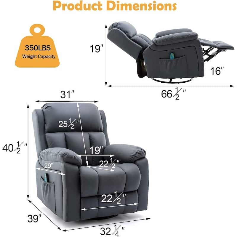 Heated 360° Swivel Massage Recliner Chair - Luxury PU Leather Reclining Sofa with Side Pocket for Living Room