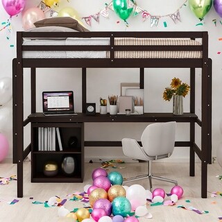 Impression Twin size Loft Bed with Desk, Writing Board and 2 Drawers Cabinet, Sturdy construction & Unique design, Espresso
