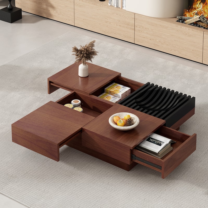 Acacia Wood Storage Coffee Table ,Brown & Black Color - Brown+Black