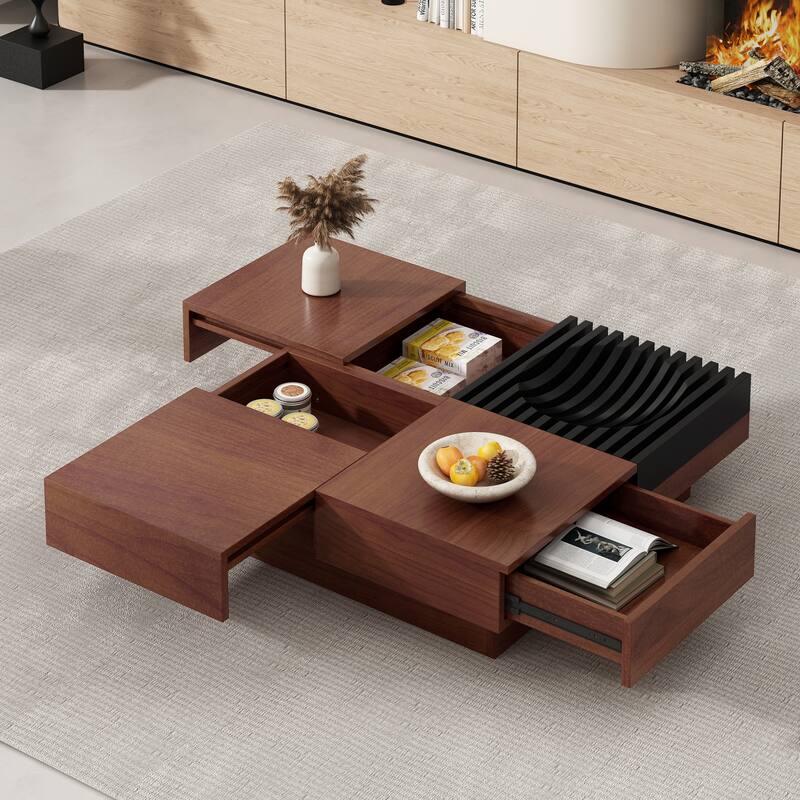 Italian Retro Style Coffee Table Modern Simple Acacia Wood Coffee Table with Storage Compartments, for Living Room - Bown