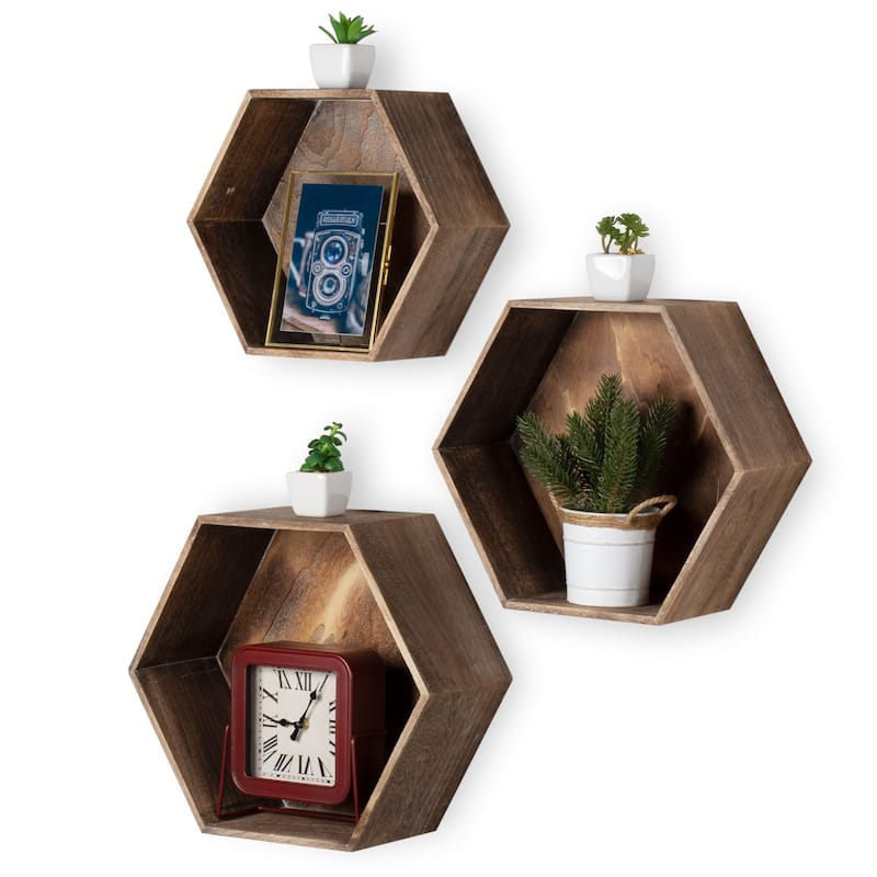 Rustic State Wall Mount Hexagon Wooden Box Shelf Varying Sizes - Pack of 3