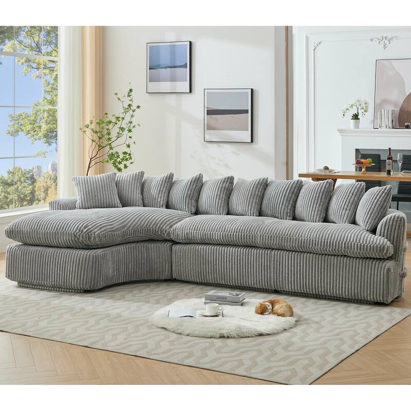 127" Corduroy L-Shaped Sectional Sofa with 10 Back Cushions