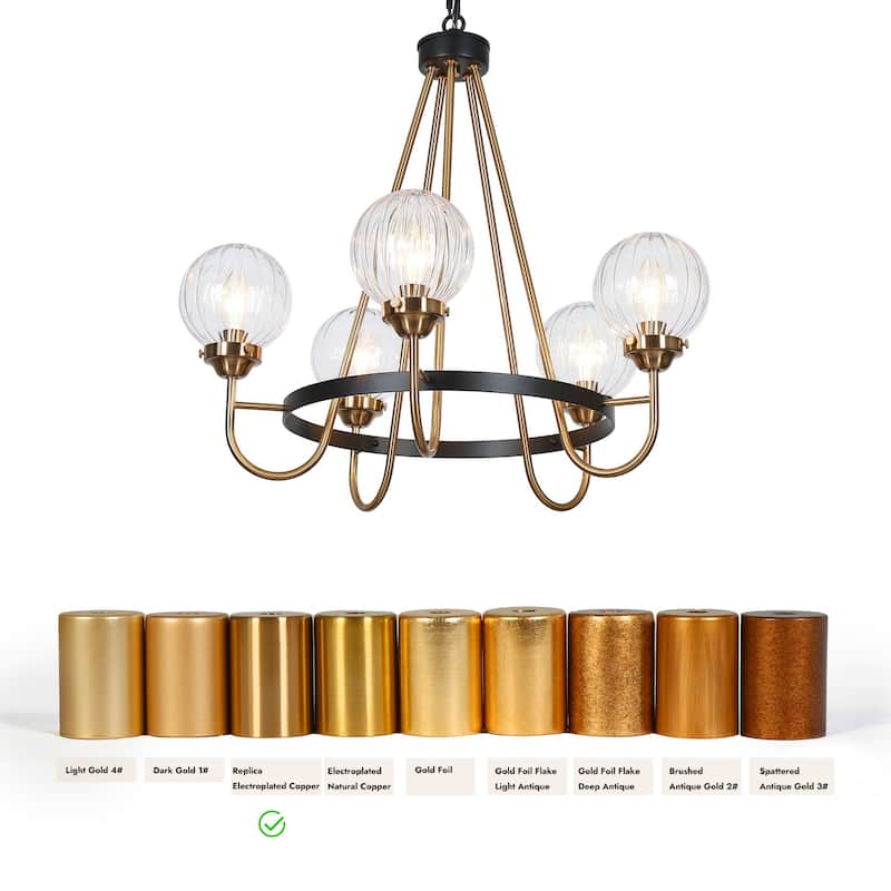 Modern 5-Light Black Gold Wagon Wheel Chandelier Glass Pendant Light for Dining Room - 22" D x 21.5" H