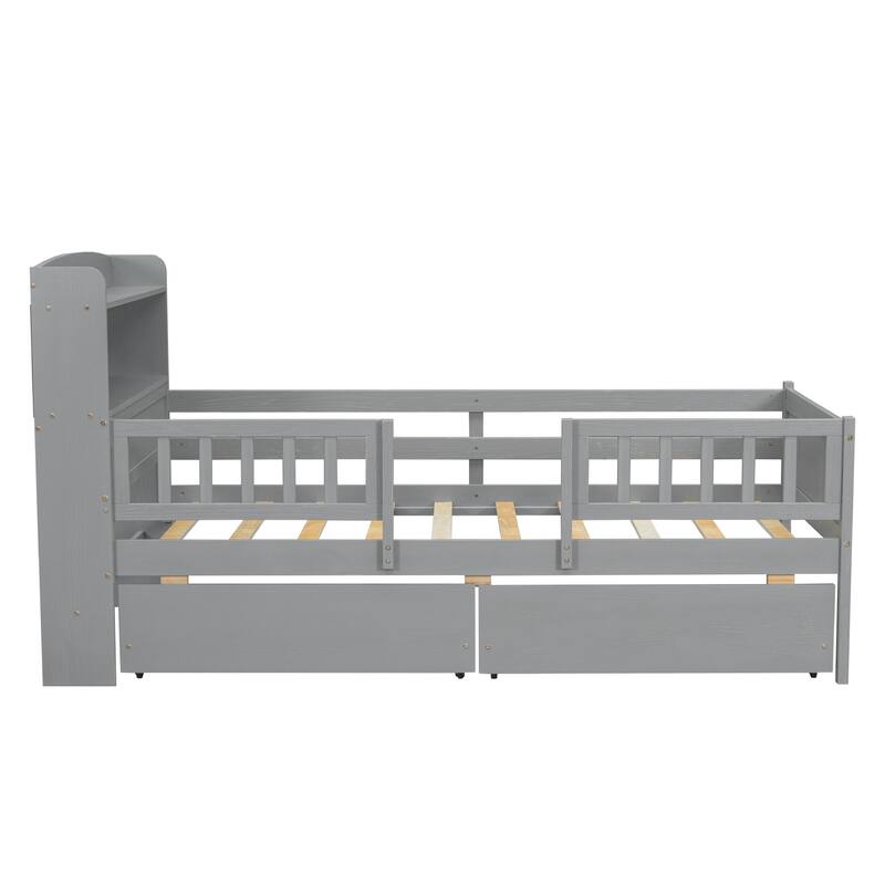Twin Size LED Platform Bed with Multi-functional Headboard, Guardrails and Storage Drawers, Gray
