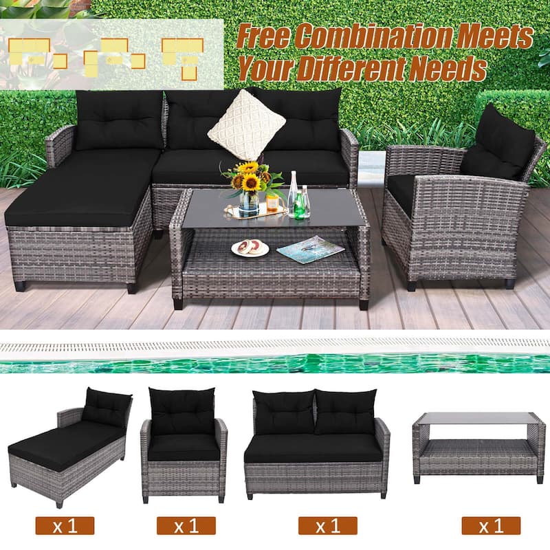 Costway 4PCS Patio Rattan Furniture Set Sofa Ottoman Cushion Garden - See Details