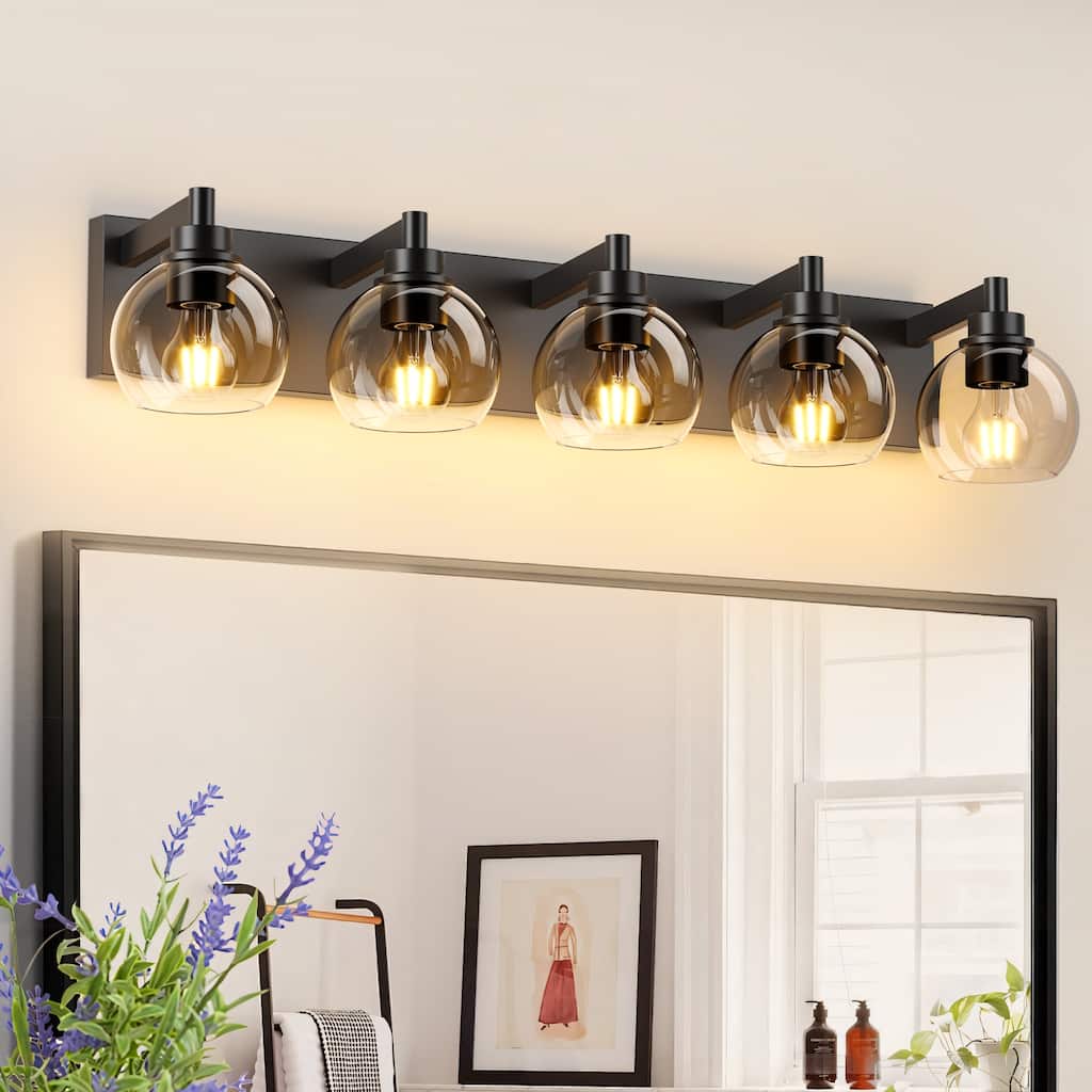 Bathroom Light Fixtures Over Mirror 5-Lights Bathroom Vanity Light with Clear Globe Glass Shade Modern Black Vanity Light