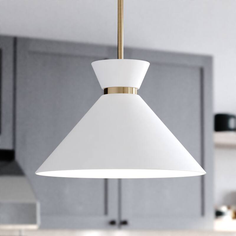 Racine Mid-Century Modern Bowtie Pendant Light, LED Compatible - Matte White and Natural Brass - 15-in W x 9.75-in H x 15-in D