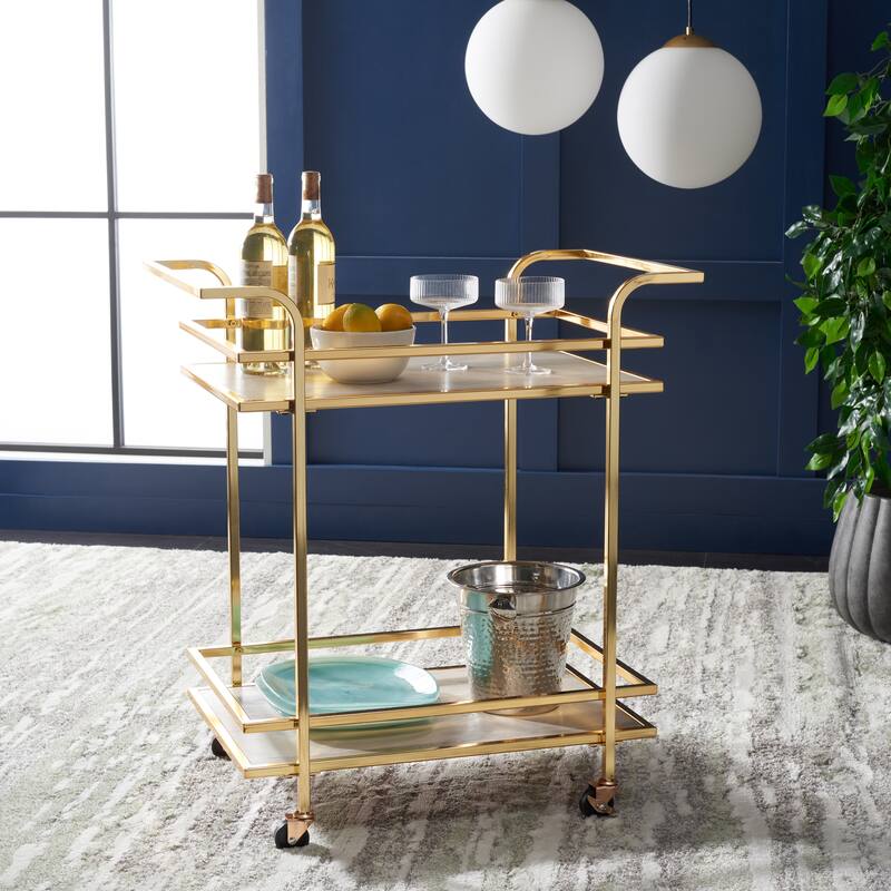 SAFAVIEH Home Collection Lameris 2 Tier Bar Cart With Handles - 30" L x 18" W x 33" H - Polished Gold/Grey