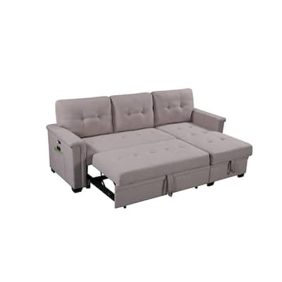 84" Light Gray Reversible Sleeper Sofa w/ Storage Chaise, USB Ports, Pocket, Linen