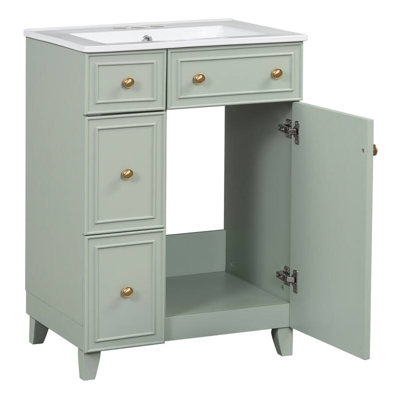 24 Inch Bathroom Vanity Cabinet with Ceramic Sink, 2 Drawers & Door, Bathroom Storage Cabinet Free-standing Single Sink Cabinet