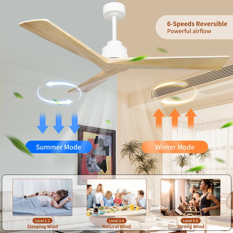52" Ceiling Fan No Light, Natural Wood Ceiling Fan with 3 Reversible Blades, 6 Speeds Reversible DC Motor Fan - Natural Wood