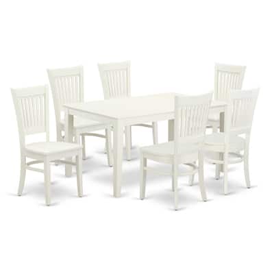 HomeStock 7-Pc Rectangle Linen White Finish Solid Wood Top Dining Table with 6 Chairs with Slat Back
