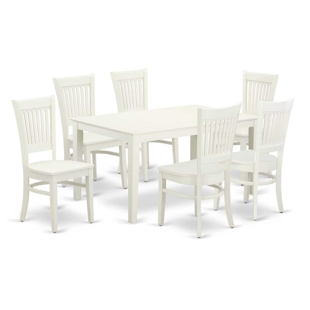 HomeStock 7-Pc Rectangle Linen White Finish Solid Wood Top Dining Table with 6 Chairs with Slat Back