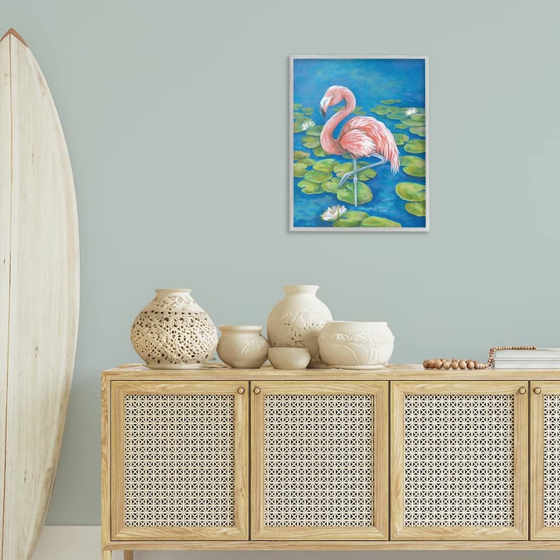 Stupell Balancing Flamingo & Lily Pads Framed Giclee Art Design By Diane Kater