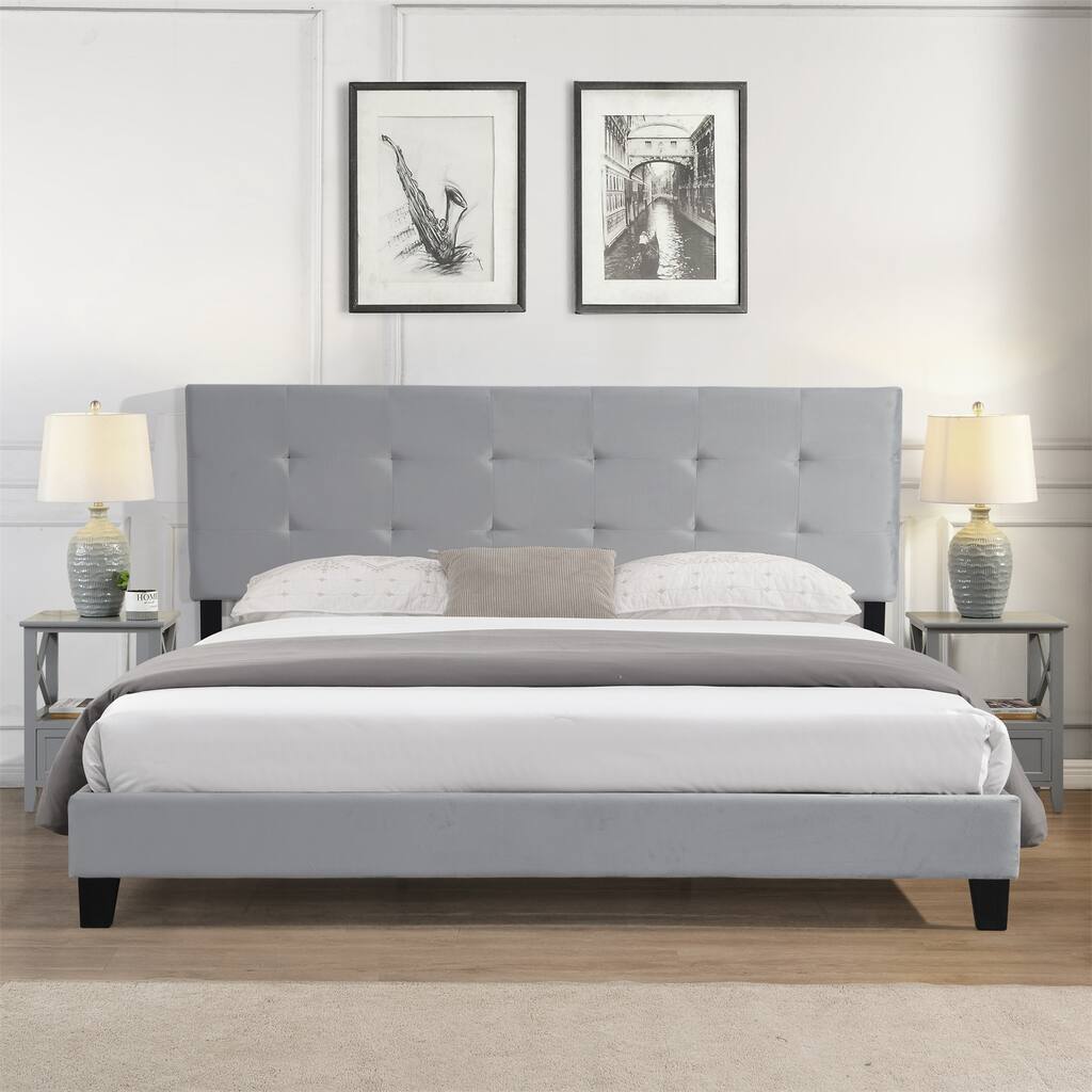 Modern Style King Size Upholstered Platform Bed Frame With Pull Point Tufted Headboard,Easy Assembly, Gray