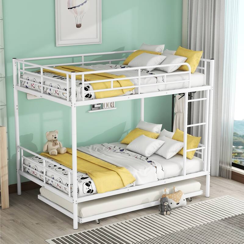 Full Over Full Metal Bunk Bed with Trundle in White, Black or Silver - Sturdy Iron Frame, Space-Saving Design - White