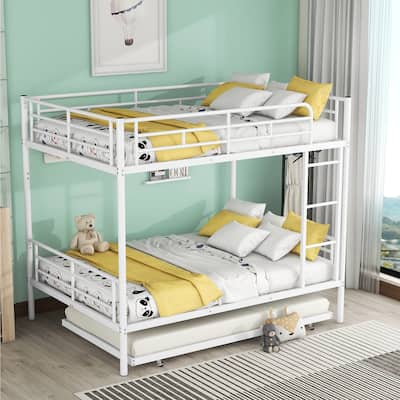 Metal Bunk Bed Frame Kids Dormitory Bed with Trundle, Ladder & Safety Guardrails, Bedroom Convertible Metal Bed Frame