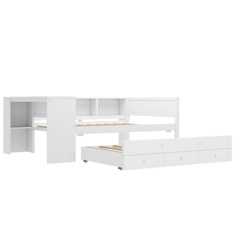 Roomfitters Twin/Full Size Wood Daybed with Trundle, Storage Drawers, Side Shelves & Built-in Desk, No Box Spring Needed