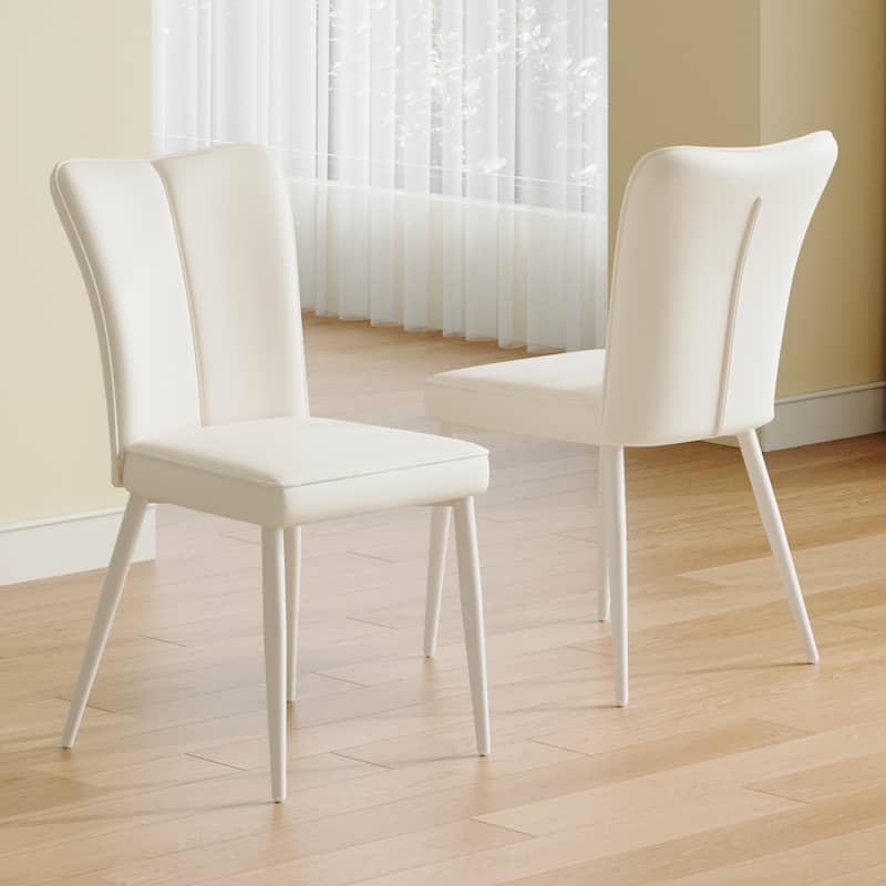 Minimalist White PU Leather Dining Chair Set of 2 w/ Curved Back & White Metal Chair Legs