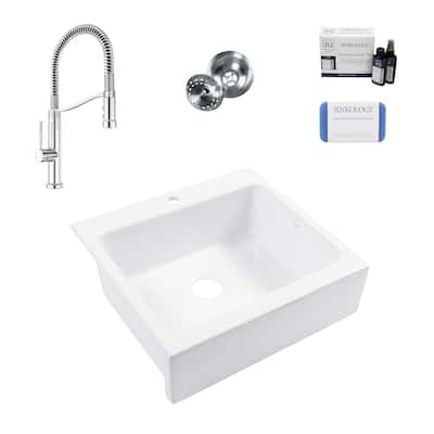 Parker Crisp White Fireclay 26" Quick-Fit Farmhouse Apron Front Drop-In Single Bowl Kitchen Sink (1 Hole) with Chrome Faucet Kit