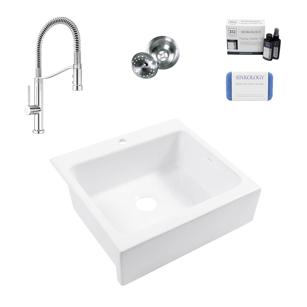 Parker Crisp White Fireclay 26" Quick-Fit Farmhouse Apron Front Drop-In Single Bowl Kitchen Sink (1 Hole) with Chrome Faucet Kit