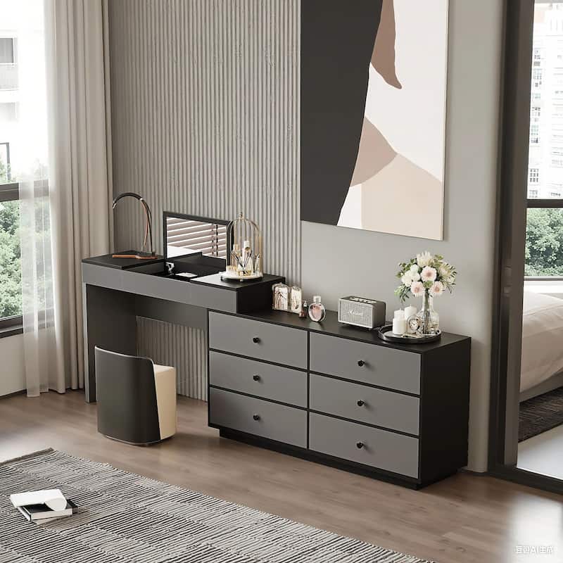 Home Office Storage Expandable Dresser Desk Combo With Flip-Top Makeup Mirror and 6 Storage Drawers - Black/Grey