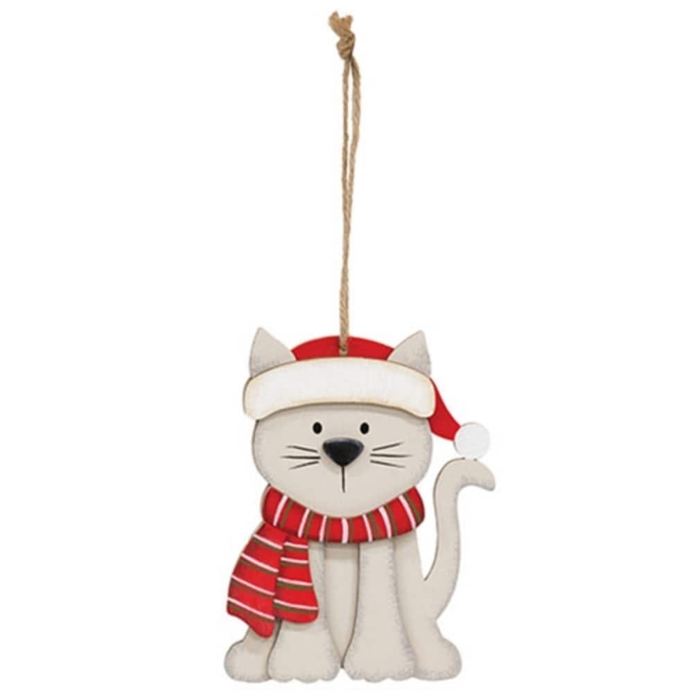 Layered Wood Cat Ornament in Santa Hat and Scarf Holiday Christmas Tree Hanging Decor - 4.5" H x 3" W x .25" D